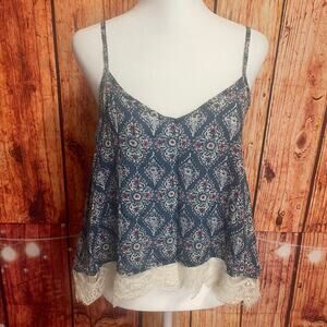 Vtg Abercrombie & Fitch Nicole blue floral Small tank camisole ivory lace Y2K